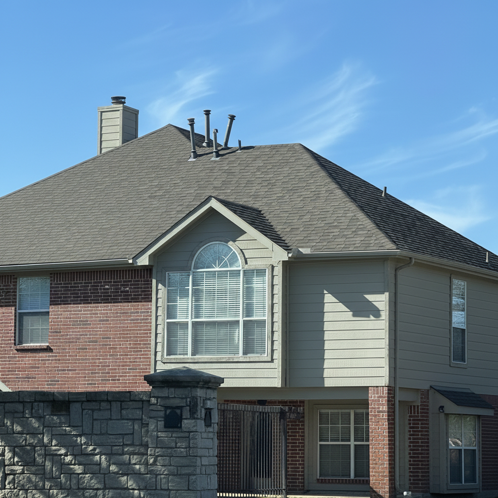 Tilted B-vent gas exhaust pipes on a residential roof, indicating potential venting, safety, and flashing issues.