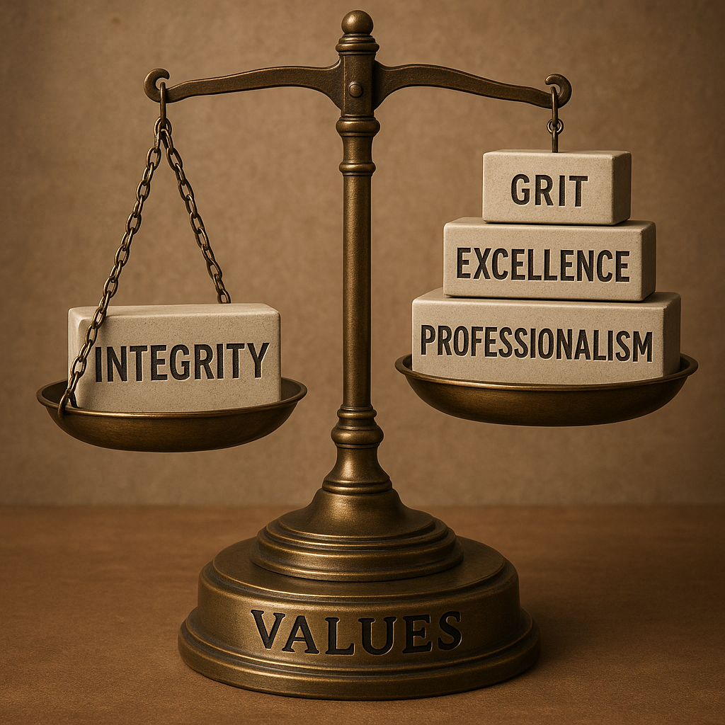 A brass balance scale weighing four values: Integrity, Grit, Excellence, and Professionalism.